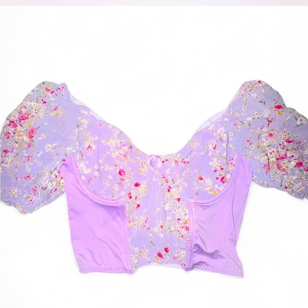Lavender Coquette Corset Top Floral Puff Sleeve Balletcore Cottagecore Blouse S
